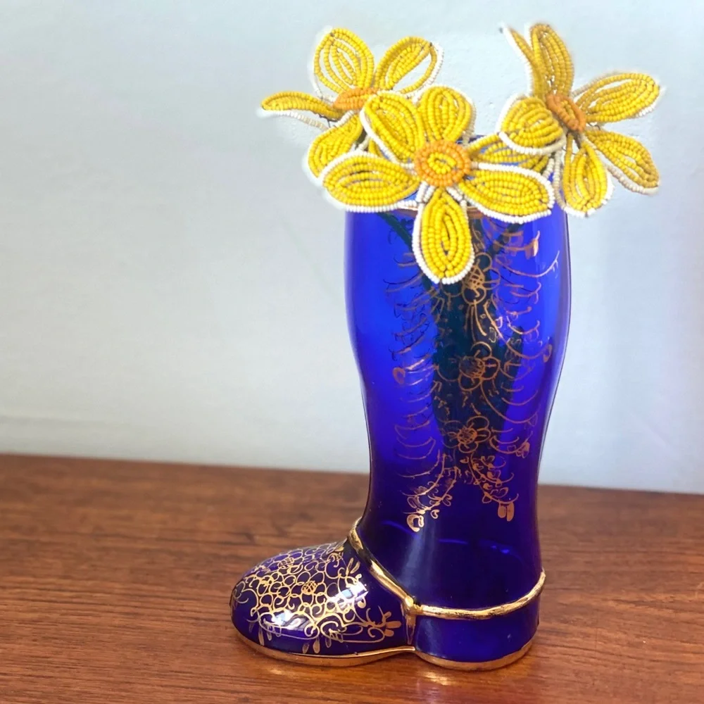 Vintage Vase Novelty Cobalt Blue Glass Boot with Gold Leaf Gilding Italy Cup